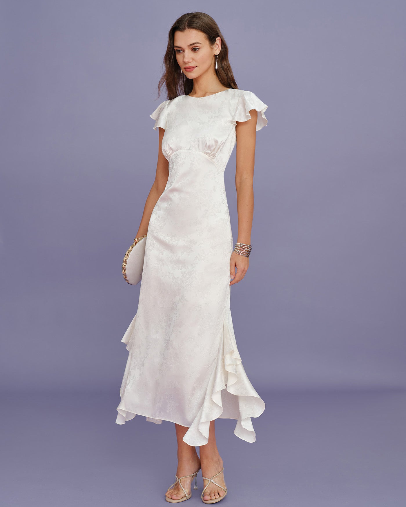 Beige Jacquard Ruffle Midi Dress with Boat Neck