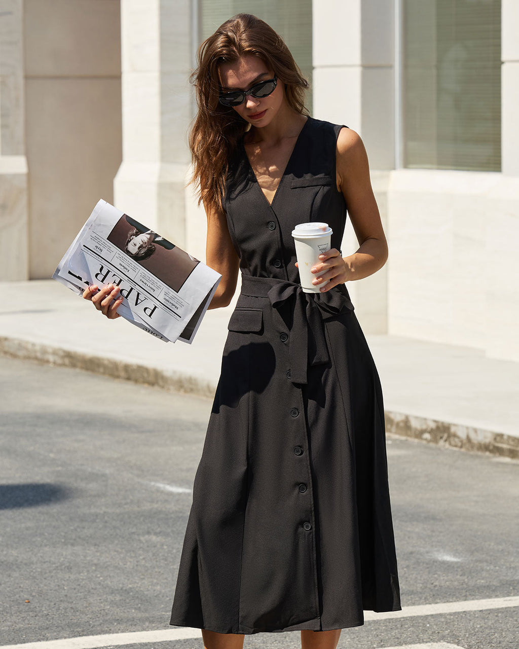 Black Sleeveless Midi Dress with V-Neck and Belt
