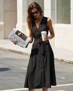 Black Sleeveless Midi Dress with V-Neck and Belt