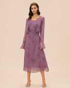 Ruched Midi Dress with Purple Floral Print