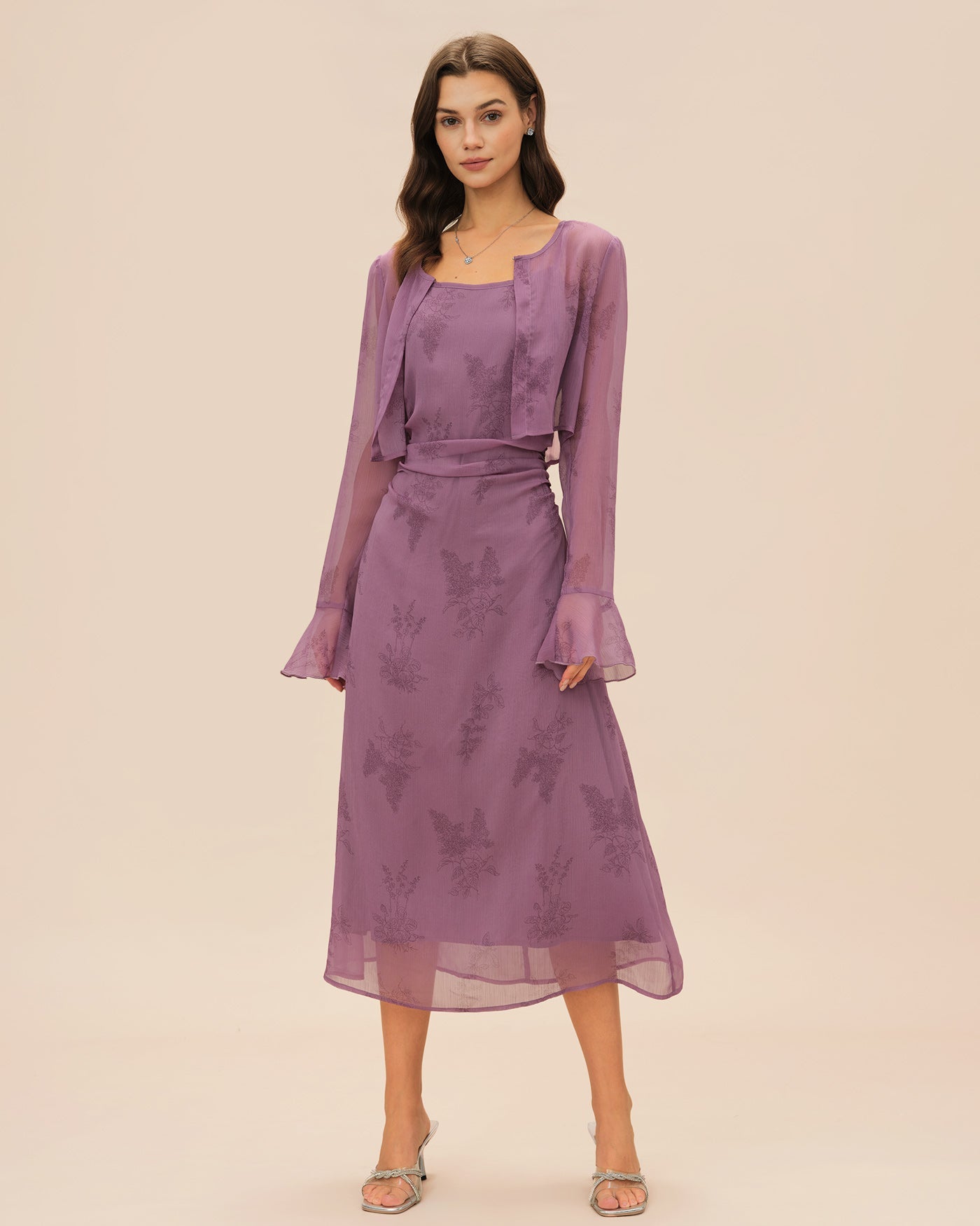 Ruched Midi Dress with Purple Floral Print