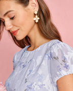 Jacquard Midi Dress with Purple Puffed Sleeves