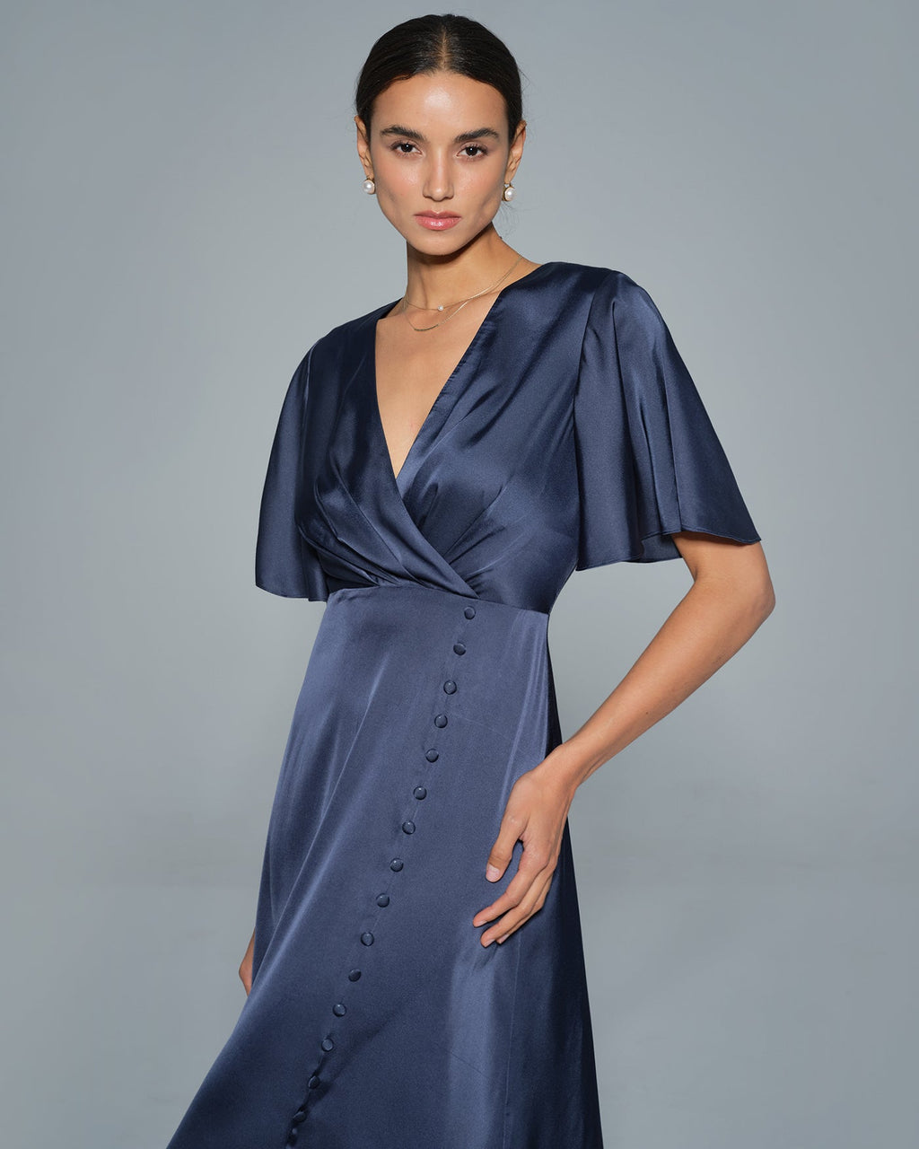 Navy Satin Midi Dress with V-Neck