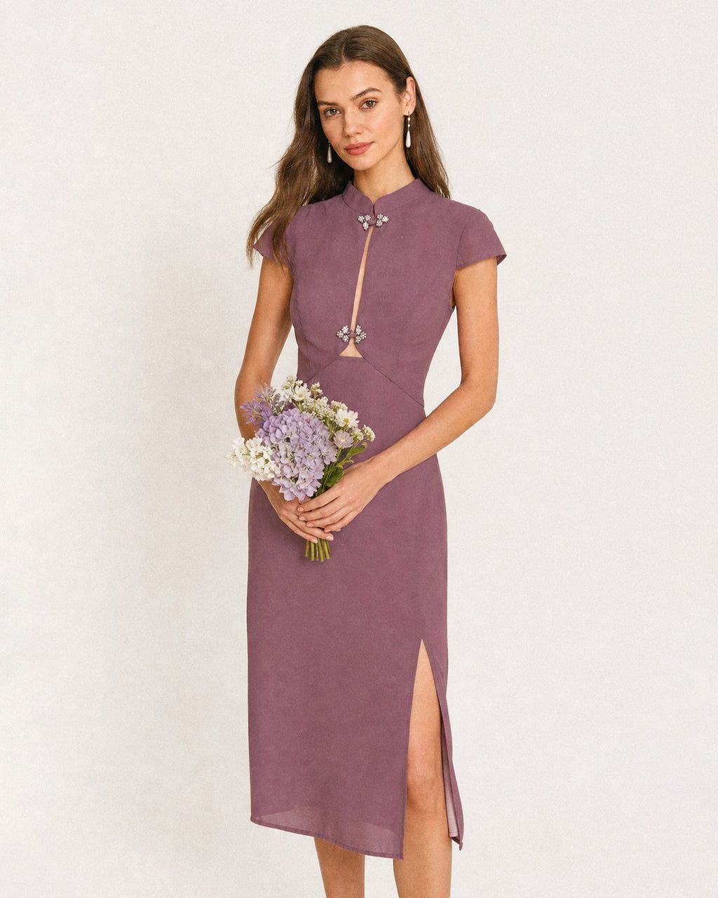 Chiffon Midi Dress with Purple Mandarin Collar