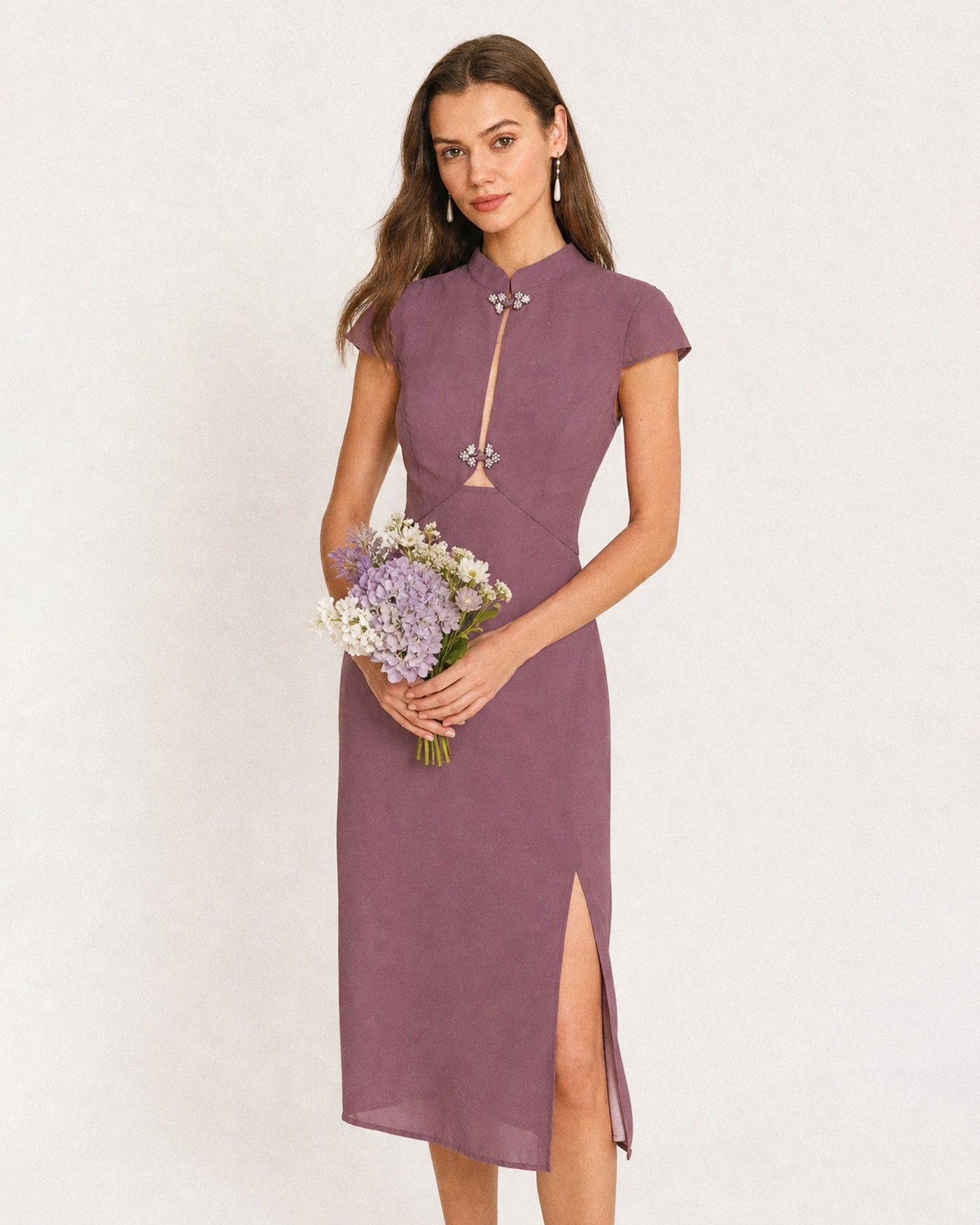 Chiffon Midi Dress with Purple Mandarin Collar