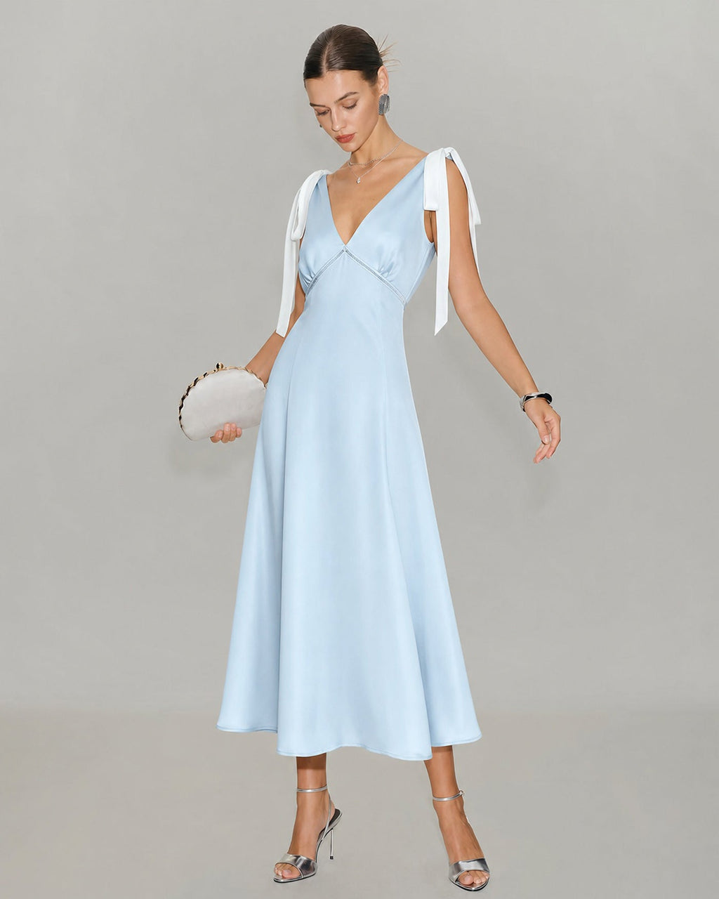 Blue Satin Midi Dress with V-Neck and Cut-Out Detail