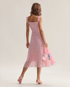 Pink Ruffled Midi Dress with Square Neckline