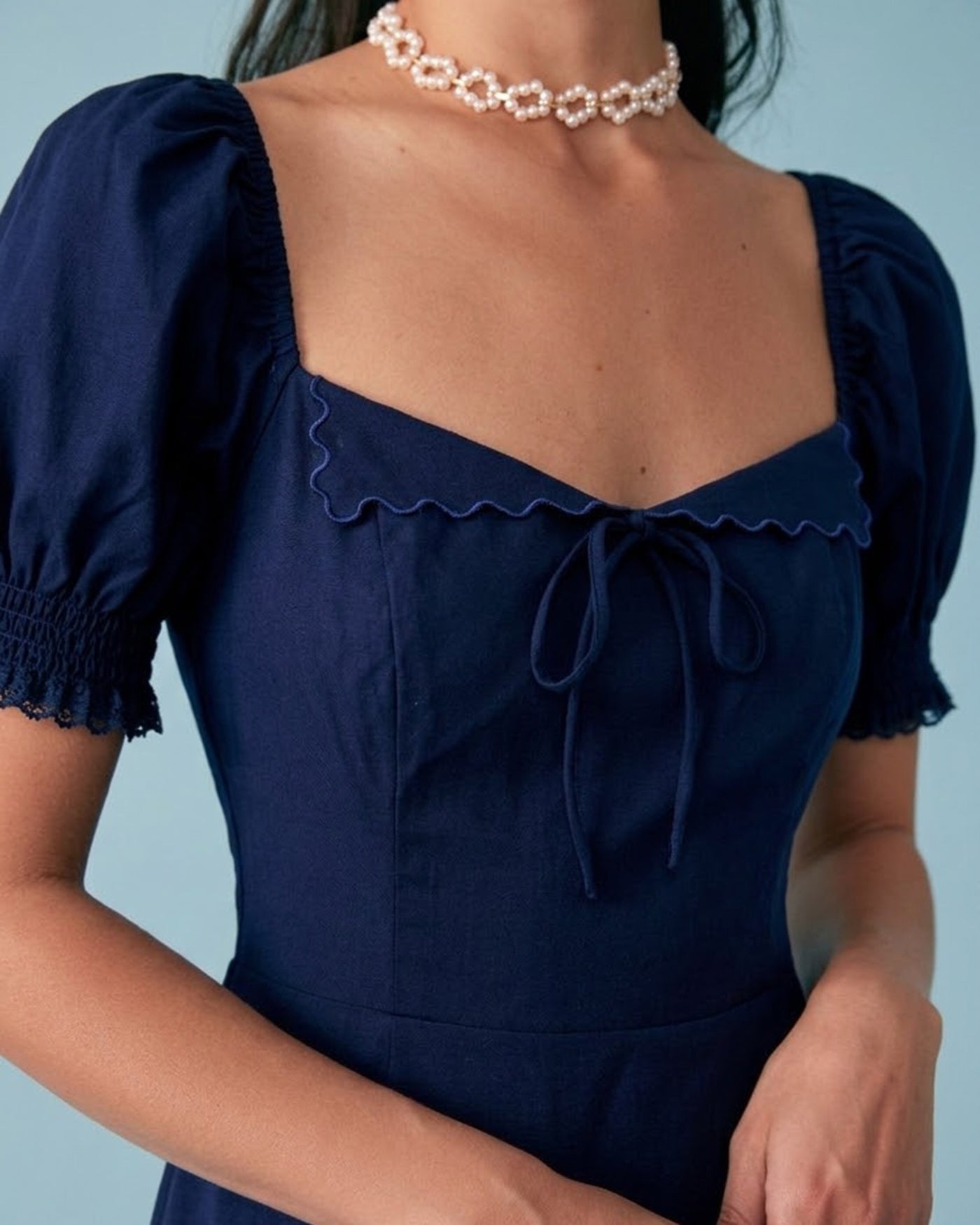 Navy Midi Dress with V-Neck and Puffed Sleeves