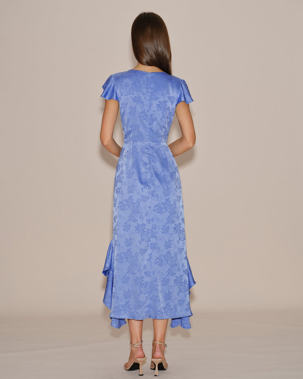Blue Jacquard Ruffle Midi Dress with Boat Neck