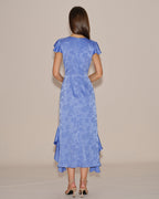 Blue Jacquard Ruffle Midi Dress with Boat Neck