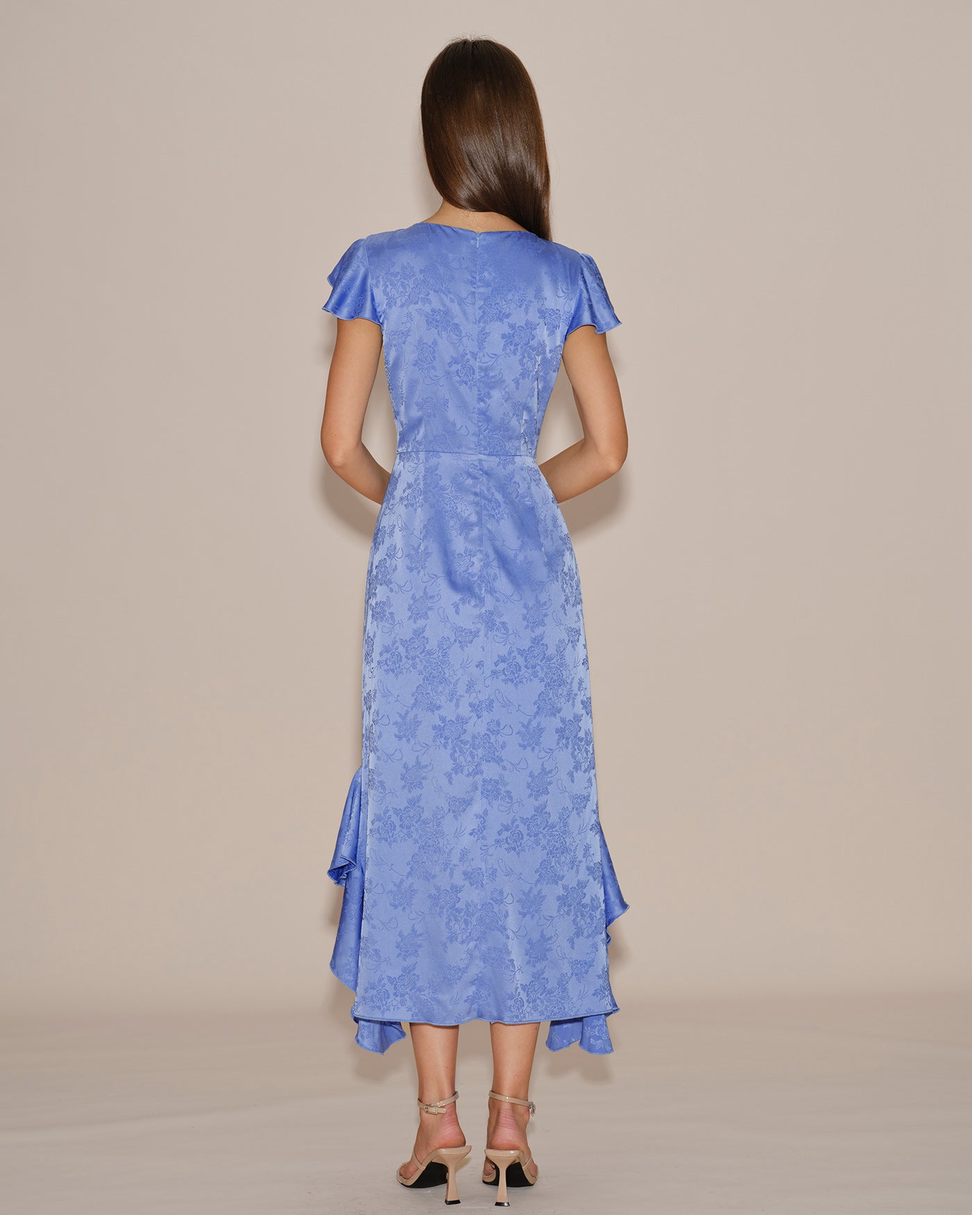 Blue Jacquard Ruffle Midi Dress with Boat Neck