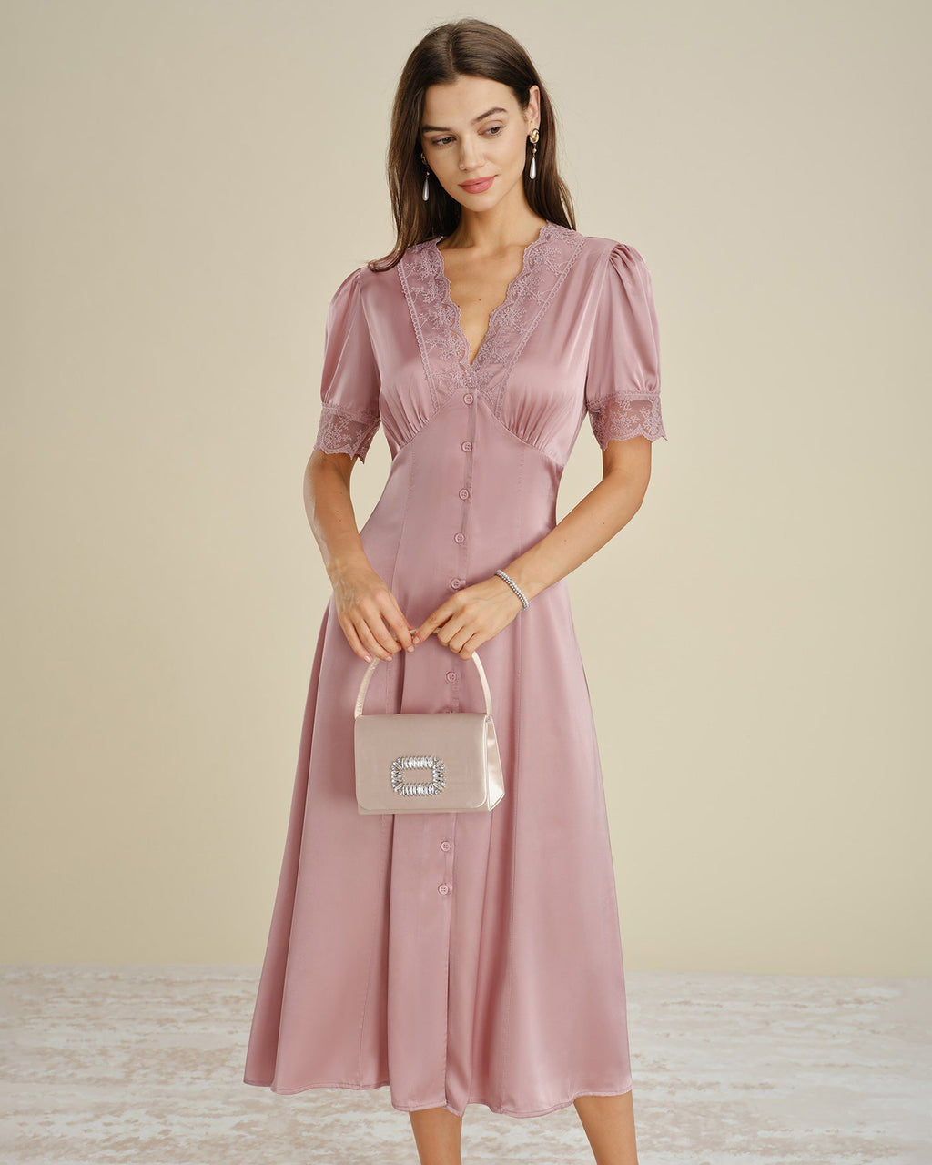 Pink Satin Midi Dress with Lace Accents