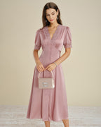 Pink Satin Midi Dress with Lace Accents