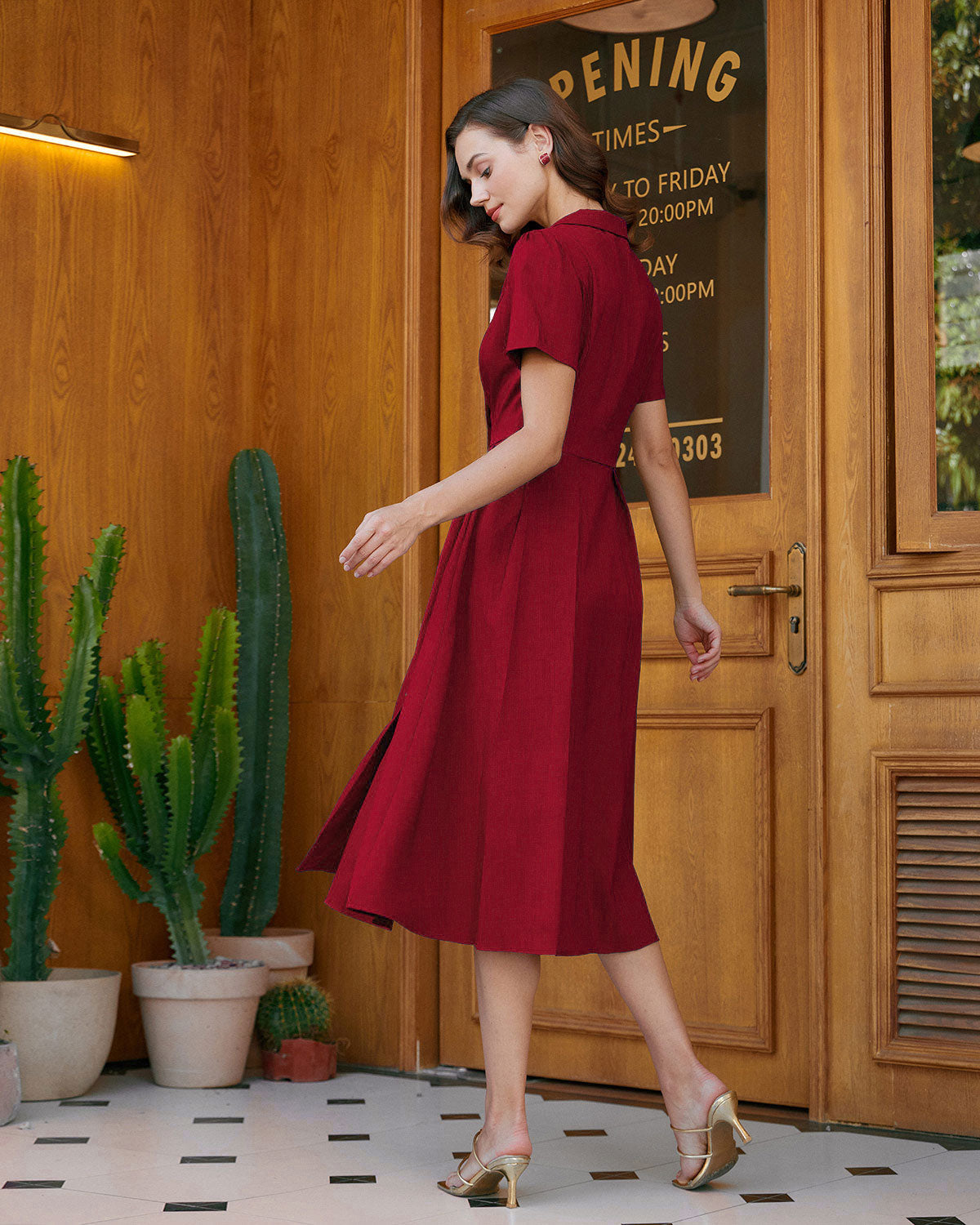 Red Pleated Midi Dress with A-Line Silhouette and Button Details
