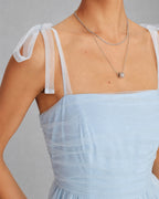 Blue Mesh Midi Dress with Square Neckline