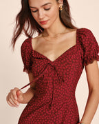 Floral Lace Midi Dress with Red V-Neck