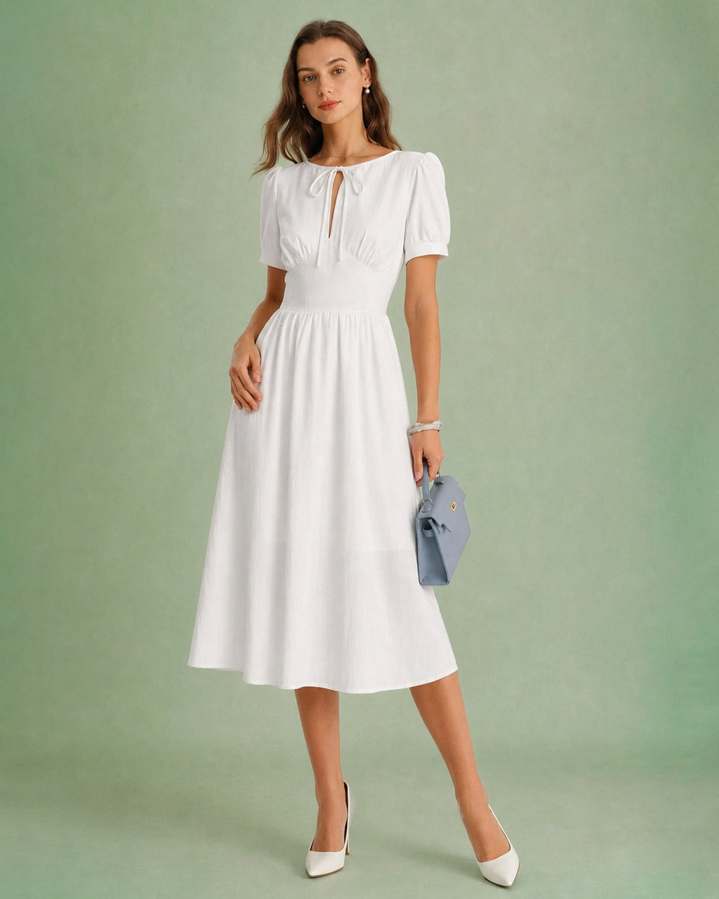 White A-Line Midi Dress with Puffed Sleeves