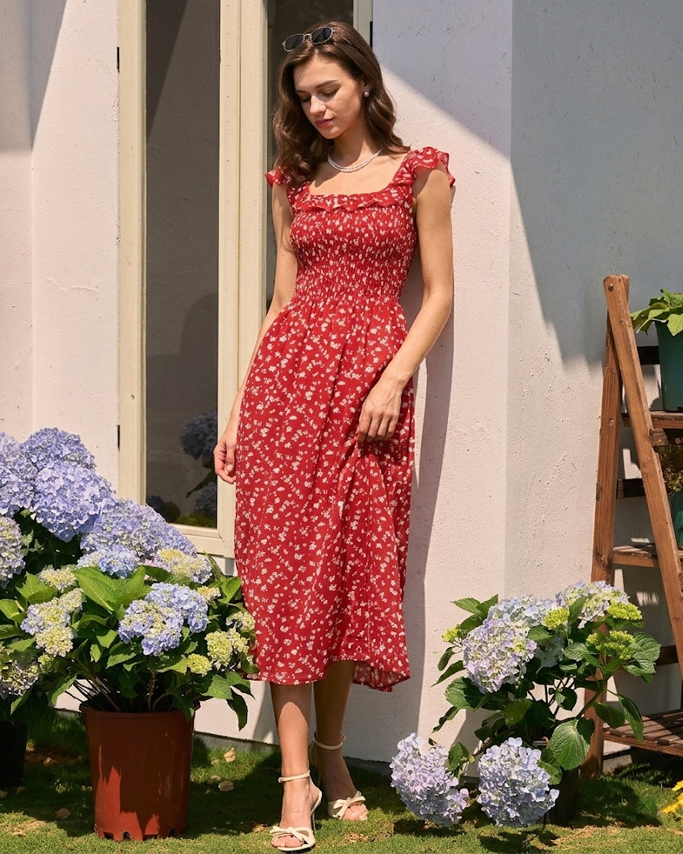 Floral Midi Dress with Red Square Neck