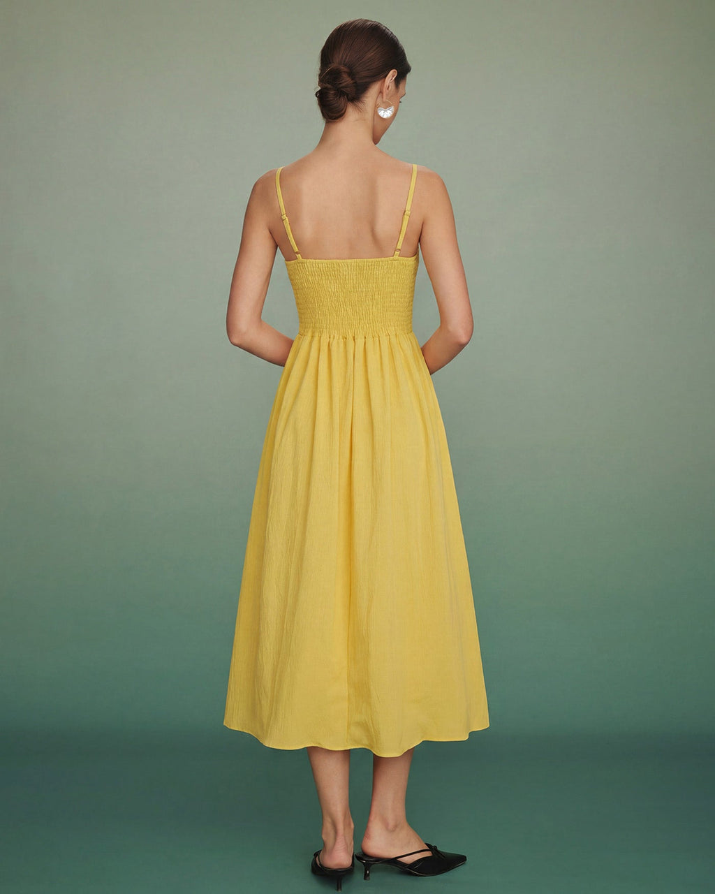 Yellow A-Line Midi Dress with Shirred Details