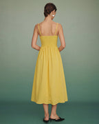 Yellow A-Line Midi Dress with Shirred Details