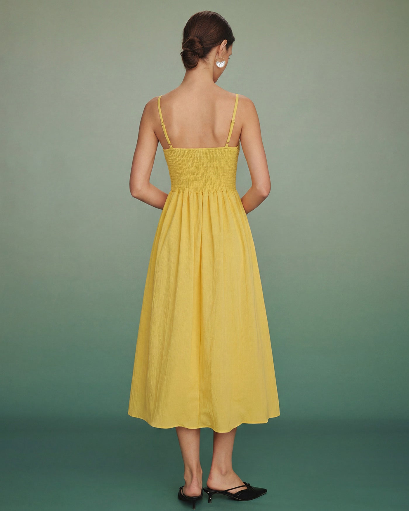 Yellow A-Line Midi Dress with Shirred Details