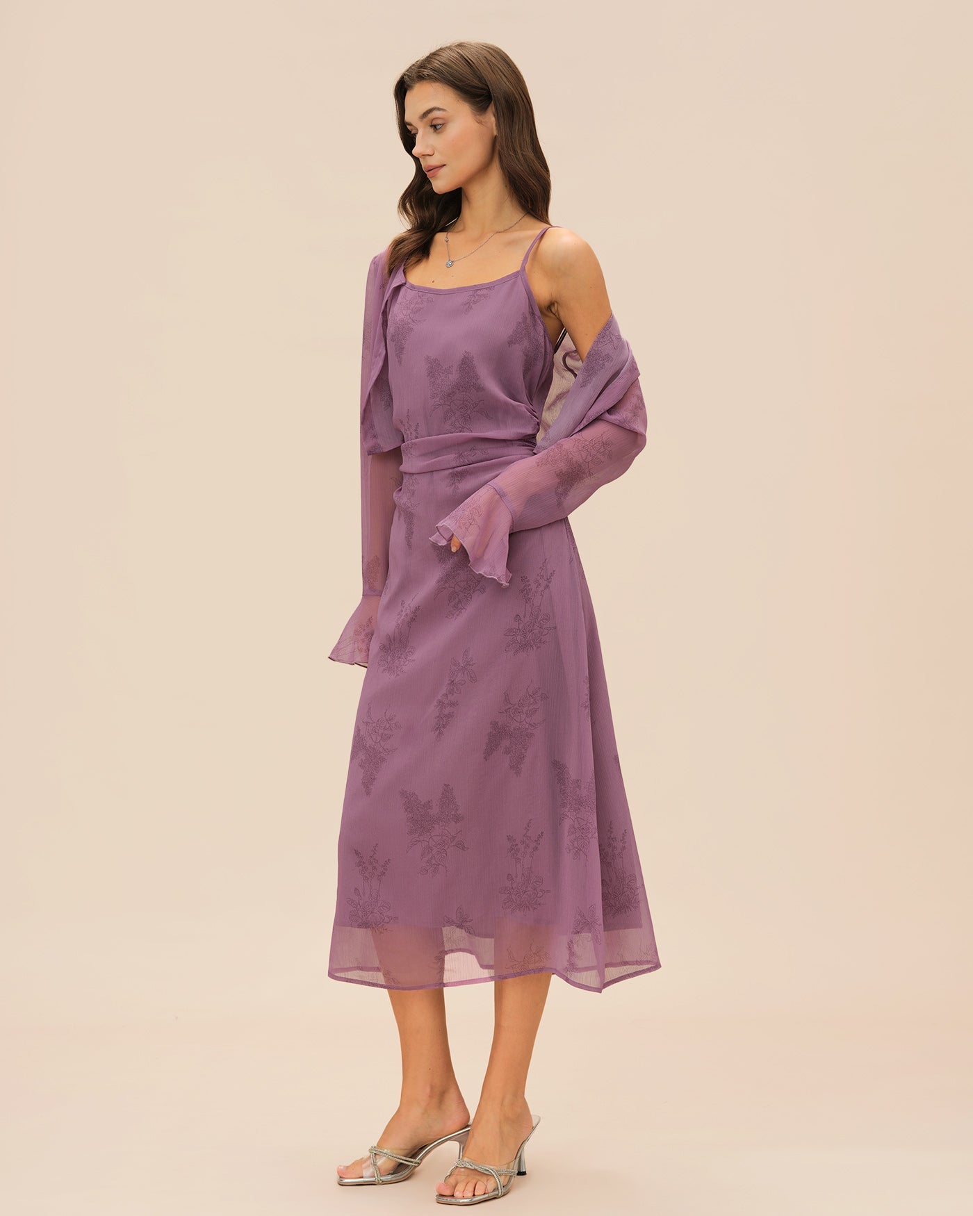 Ruched Midi Dress with Purple Floral Print
