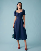 Navy Midi Dress with V-Neck and Puffed Sleeves