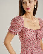 Floral Chiffon Midi Dress with Pink Square Neck