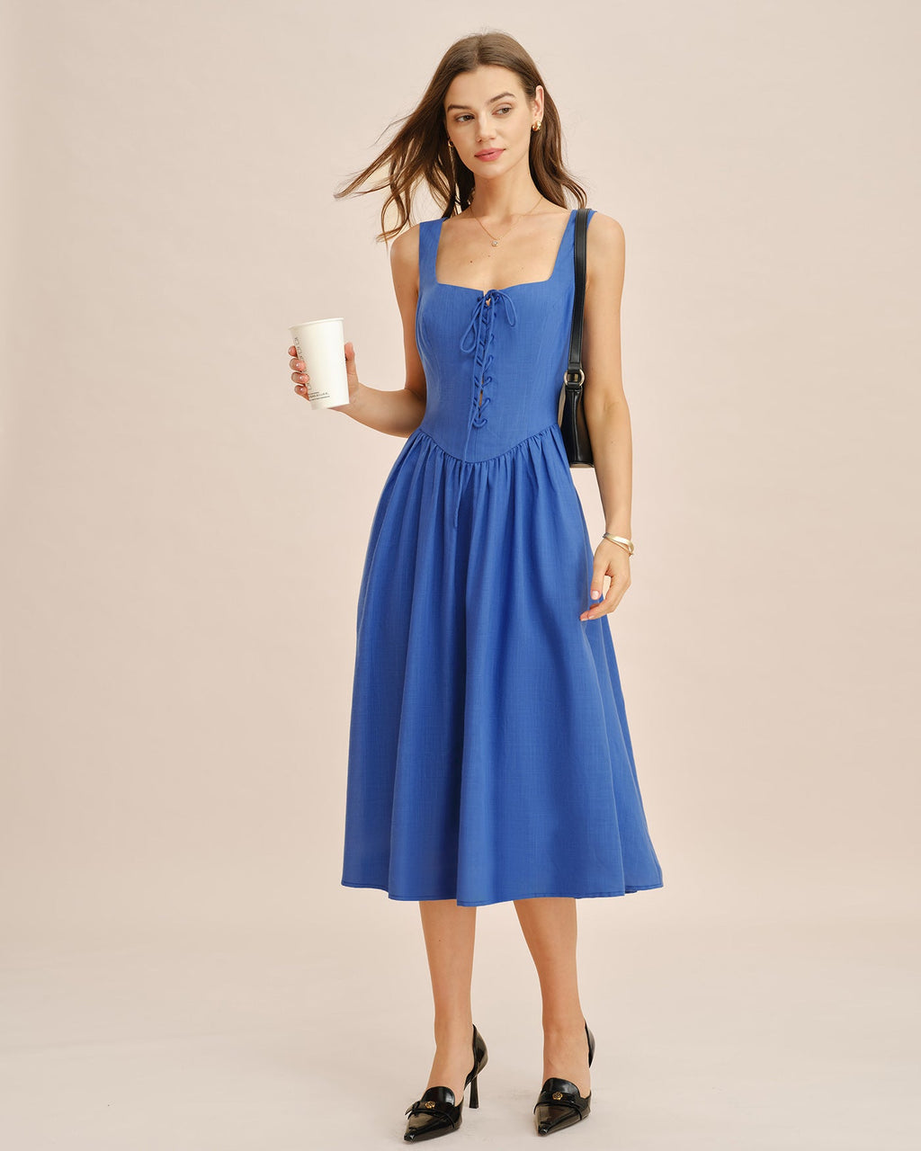 Blue Midi Dress with Square Neck and Pocket Details