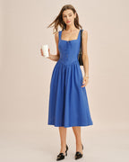 Blue Midi Dress with Square Neck and Pocket Details