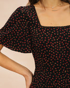 Floral Midi Dress with Black Square Neck and Butterfly Sleeves