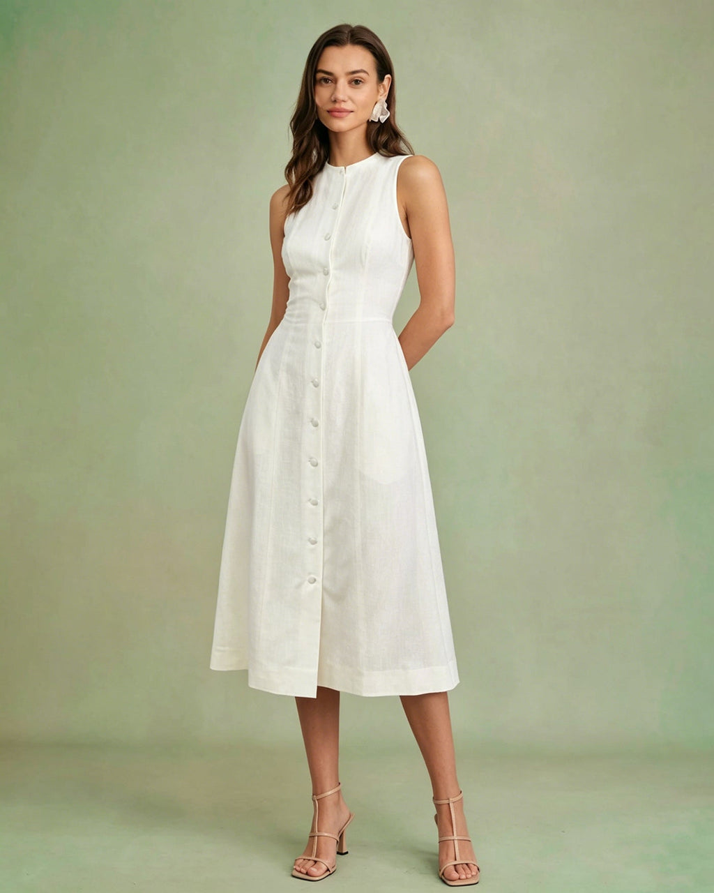 White Midi Dress with Button Tie Detail