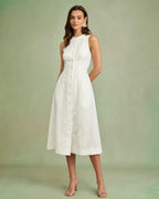 White Midi Dress with Button Tie Detail