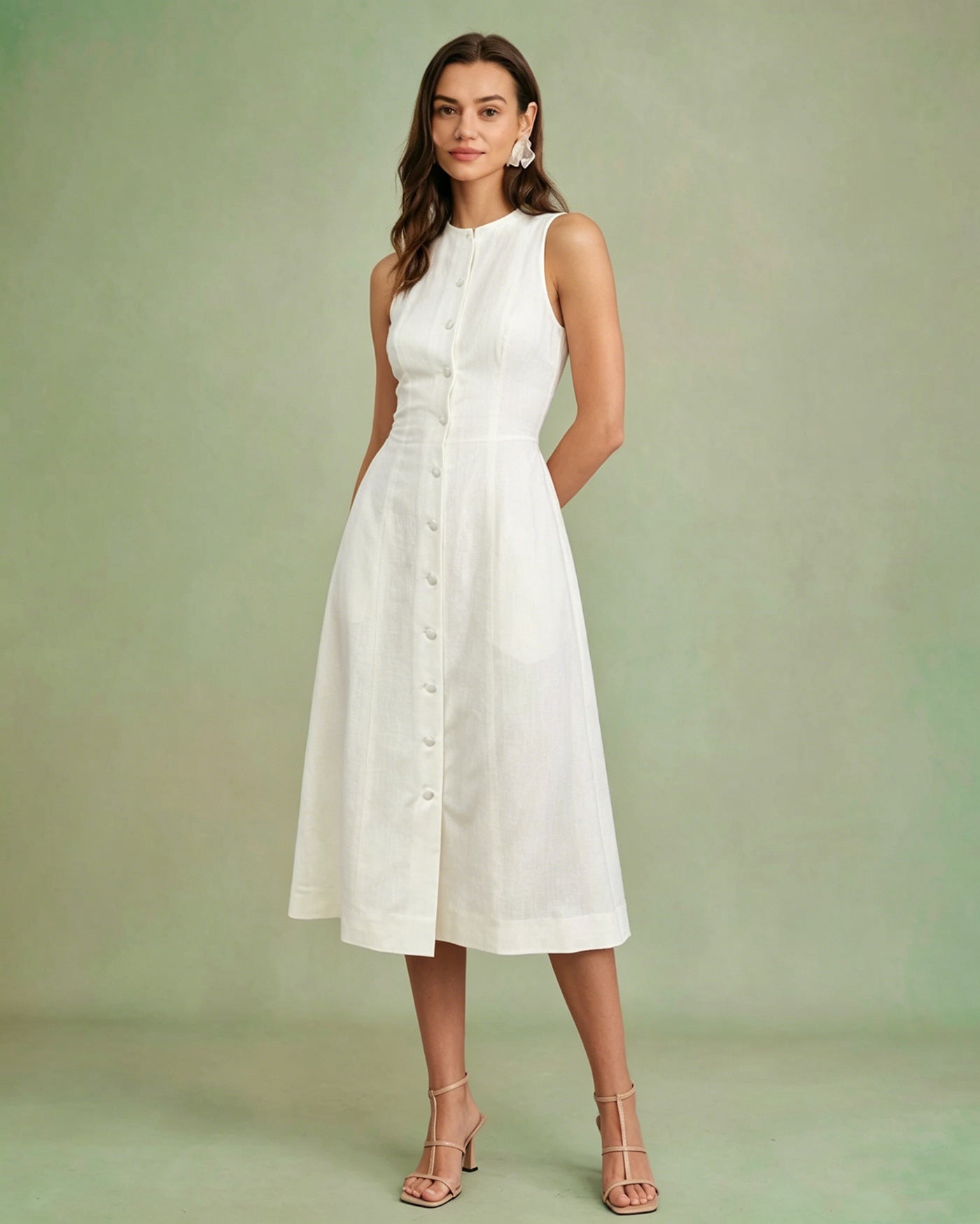 White Midi Dress with Button Tie Detail