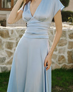 Pleated Midi Dress with Blue Drop Shoulders