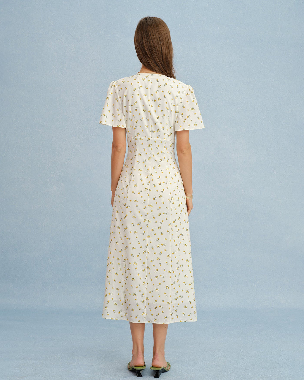 Floral Yellow V-Neck Midi Dress with Slit