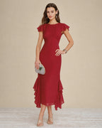 Red Ruffled Midi Dress with Boat Neck