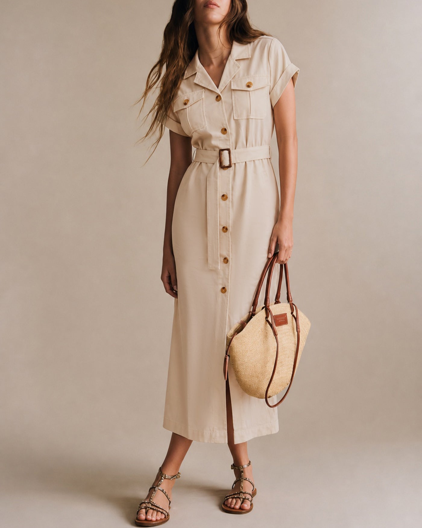Apricot Midi Dress with Button Belt Detail