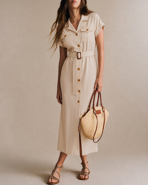 Apricot Midi Dress with Button Belt Detail