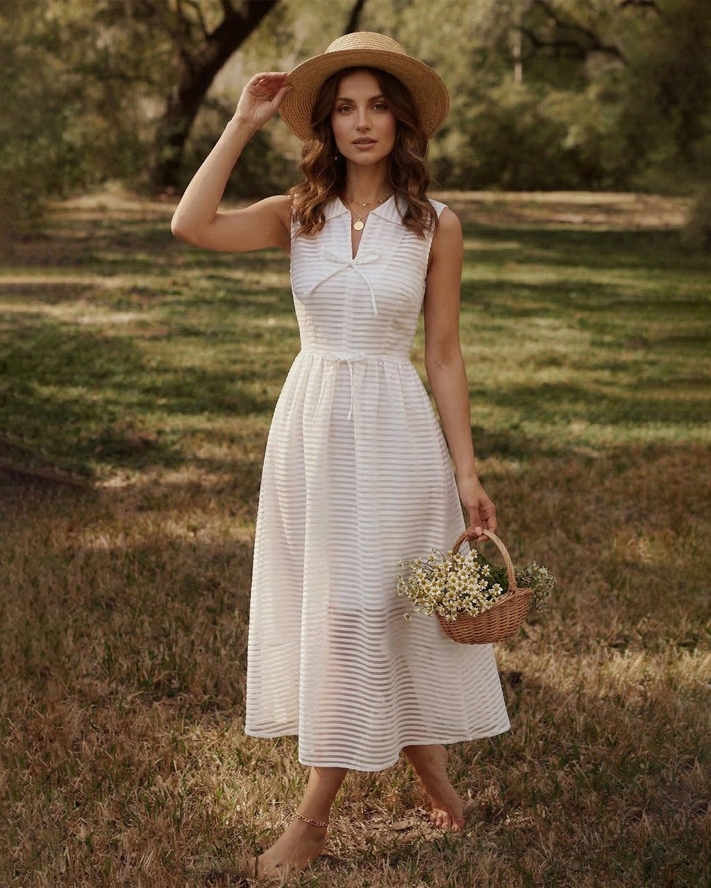 Striped White Sleeveless Midi Dress