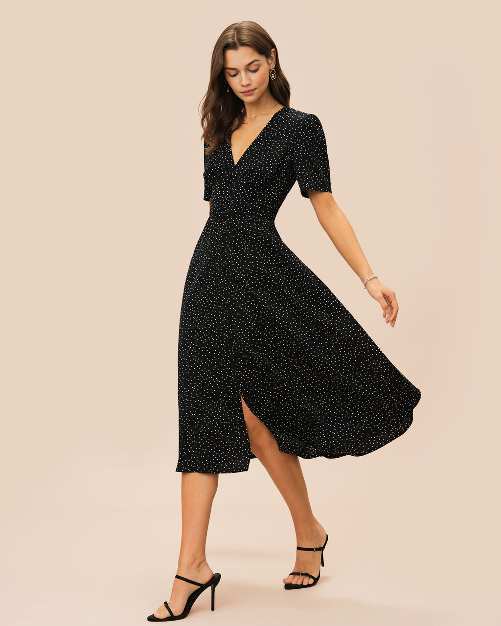 Polka Dot Midi Dress with Black V-Neck