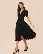 Polka Dot Midi Dress with Black V-Neck