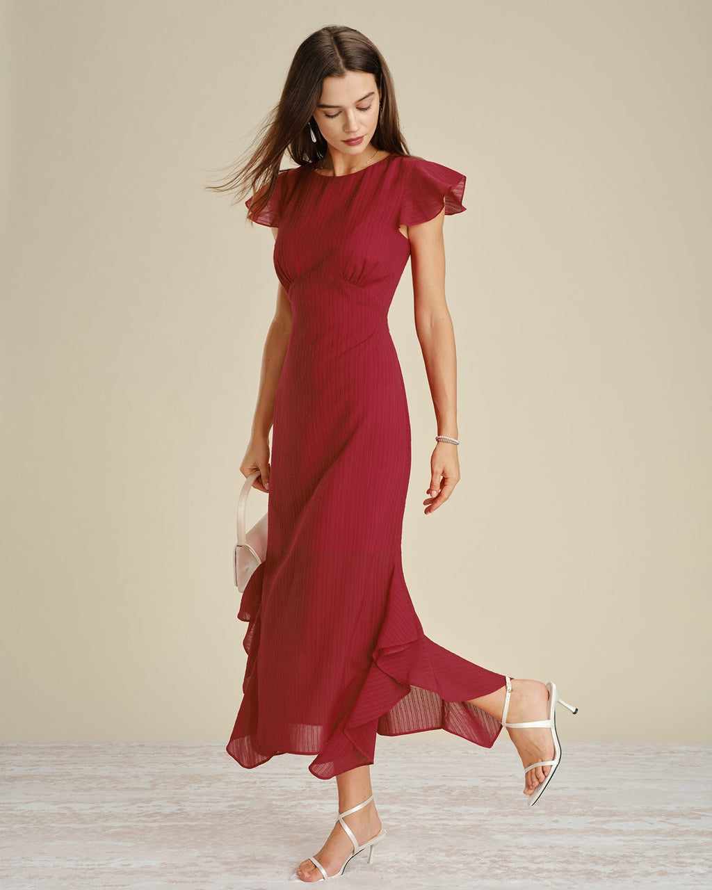 Red Ruffled Midi Dress with Boat Neck
