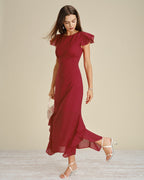 Red Ruffled Midi Dress with Boat Neck