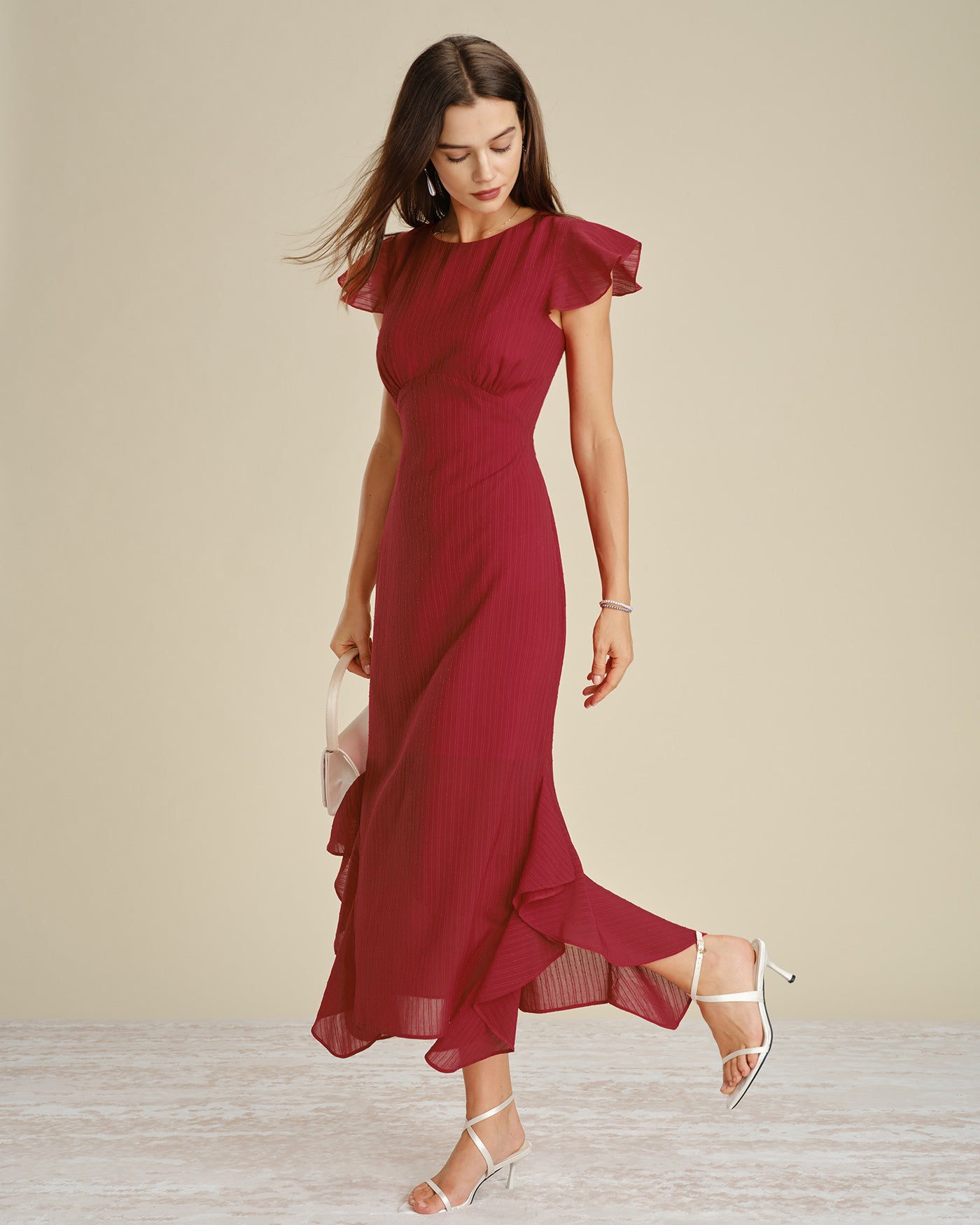 Red Ruffled Midi Dress with Boat Neck