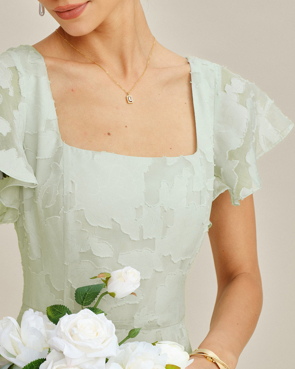 Floral Textured Midi Dress with Green Square Neck