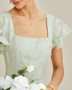 Floral Textured Midi Dress with Green Square Neck
