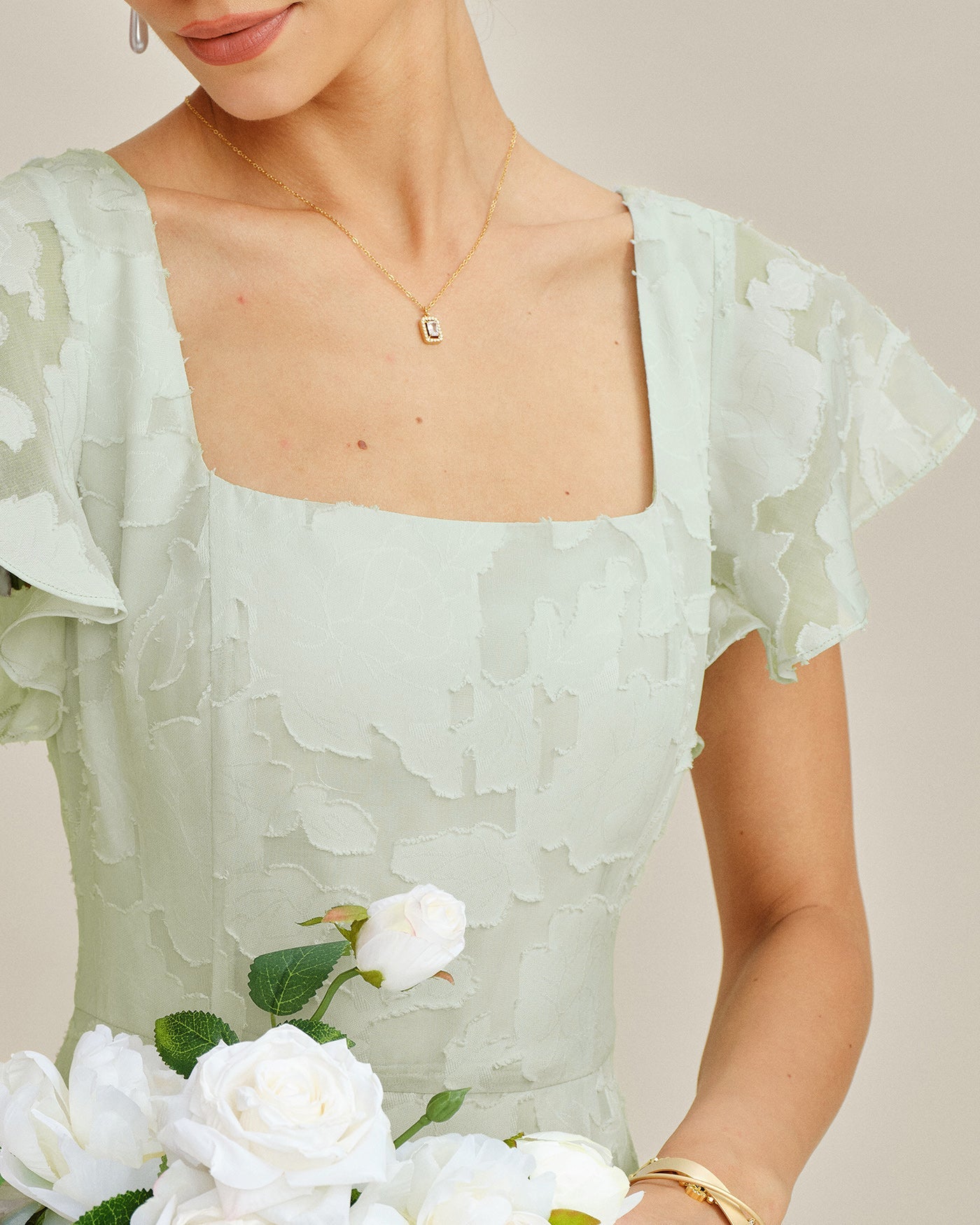 Floral Textured Midi Dress with Green Square Neck