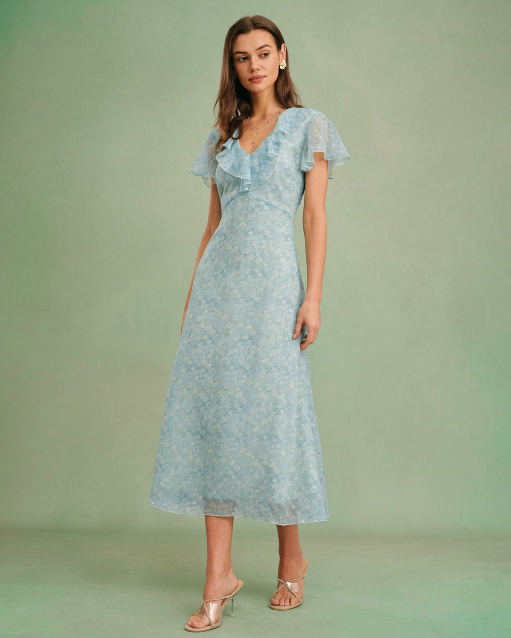 Floral Ruffle Midi Dress in Blue with V-Neck