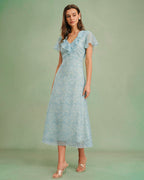 Floral Ruffle Midi Dress in Blue with V-Neck